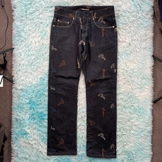 Navy Evisu Genes Jeans All Over Logo - -W32 L32