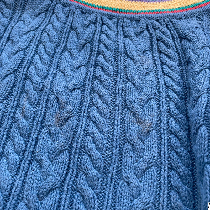Vintage 90s Blue Cable Knit V Neck Jumper - Small