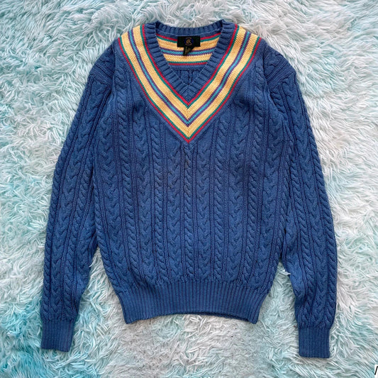 Vintage 90s Blue Cable Knit V Neck Jumper - Small