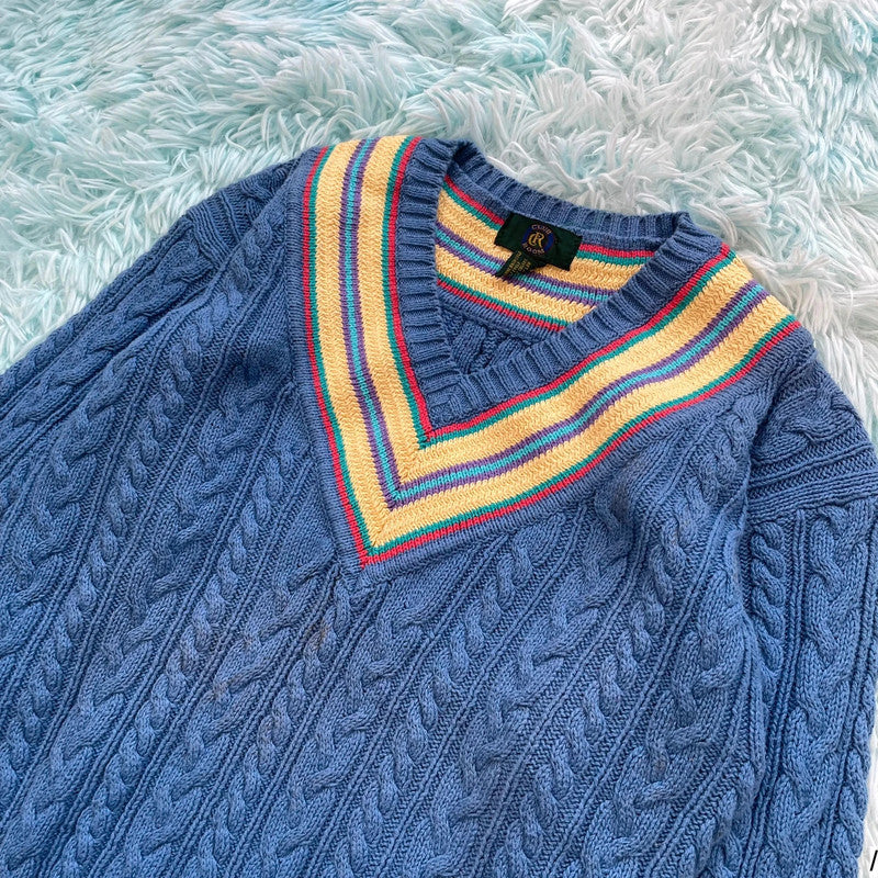 Vintage 90s Blue Cable Knit V Neck Jumper - Small