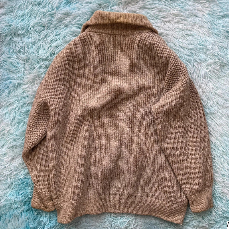 Vintage 90s Beige Wool Knitted Jumper Full Zip France - Large