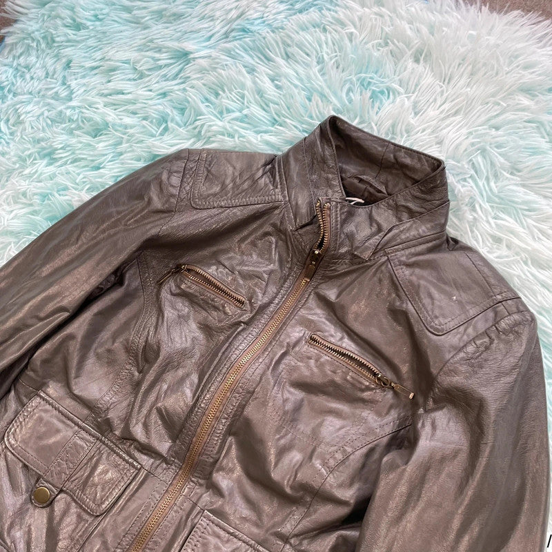 Vintage Dark Brown Leather Jacket Fitted - Medium