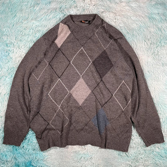 Vintage 90s Grey Grunge Patterned Knitted Jumper - XL