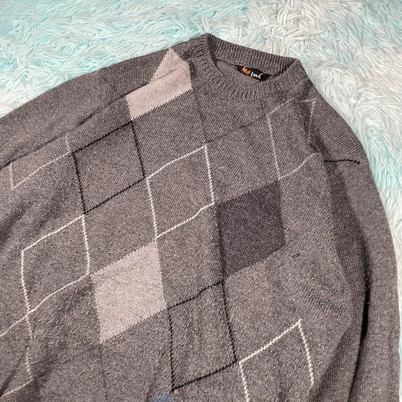 Vintage 90s Grey Grunge Patterned Knitted Jumper - XL