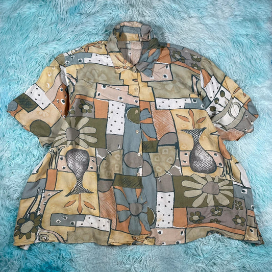 Vintage 80s Floral Mosaic Print Shirt Oversized