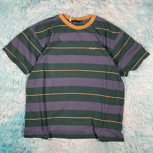 90s Style Purple & Green Striped Obey T Shirt - Medium