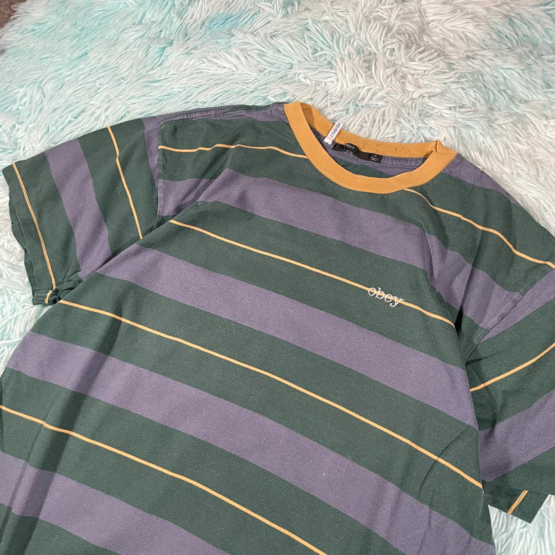 90s Style Purple & Green Striped Obey T Shirt - Medium