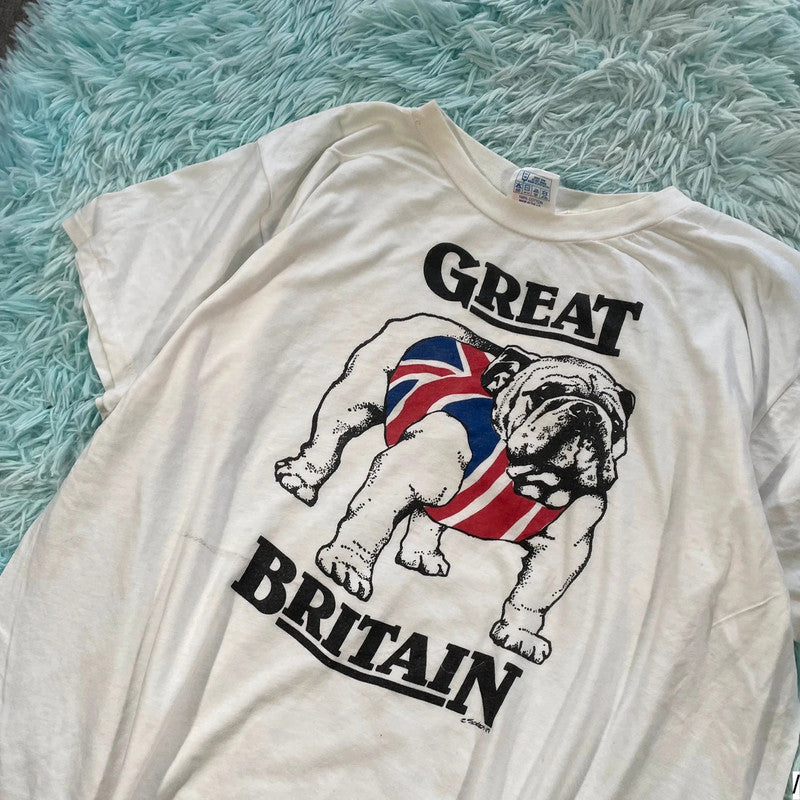 Vintage 90s White Great British Bulldog Graphic T Shirt - Large