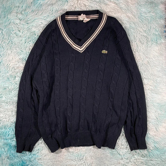 Navy Lacoste V Neck Jumper - XL
