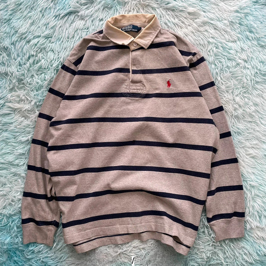 Vintage Grey & Navy Polo Ralph Lauren Rugby Shirt - Large