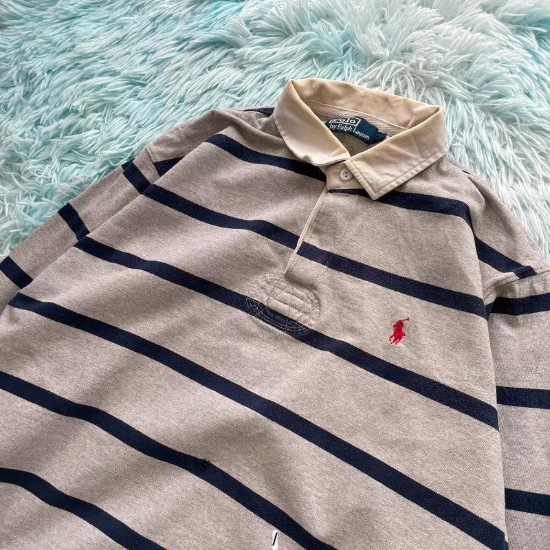 Vintage Grey & Navy Polo Ralph Lauren Rugby Shirt - Large