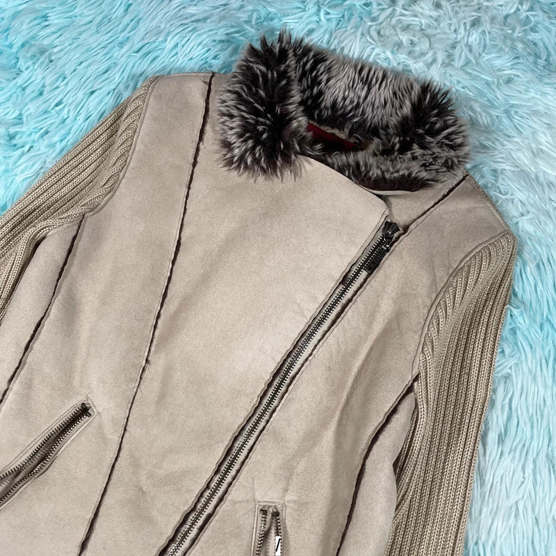 Vintage Y2K Beige Rocha Suede Fur Leather Jacket - Size 10