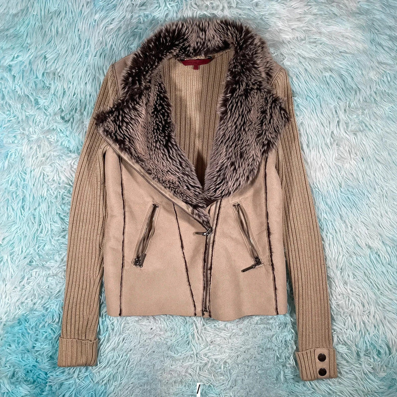 Vintage Y2K Beige Rocha Suede Fur Leather Jacket - Size 10