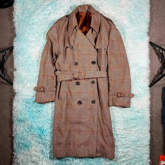 Vintage 90s Austin Reed Chequered Wool Trench Coat - XL