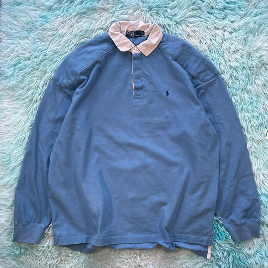 Vintage 90s Blue Polo Ralph Lauren Rugby Shirt - Large