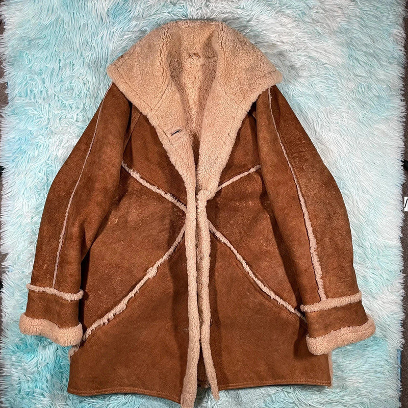 Vintage 90s Brown Sheepskin Leather Jacket Delboy - Size 16