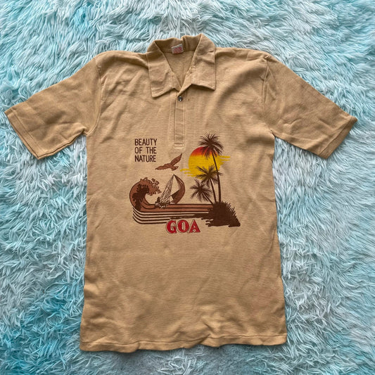 Vintage 1970s Brown Polo Shirt Goa Print - Medium
