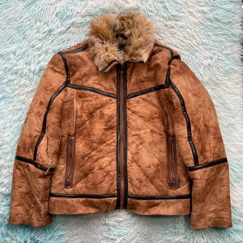 Vintage Y2K Brown Energie Faux Fur Sheepskin Jacket - Large