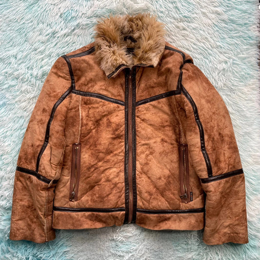 Vintage Y2K Brown Energie Faux Fur Sheepskin Jacket - Large
