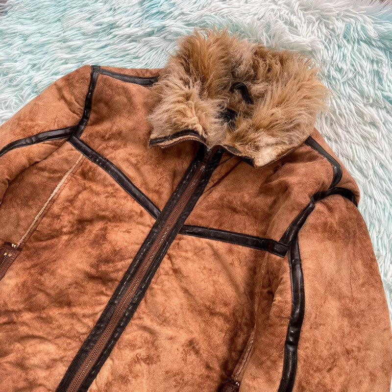Vintage Y2K Brown Energie Faux Fur Sheepskin Jacket - Large