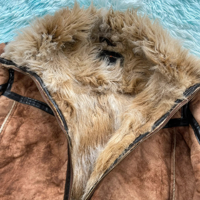 Vintage Y2K Brown Energie Faux Fur Sheepskin Jacket - Large