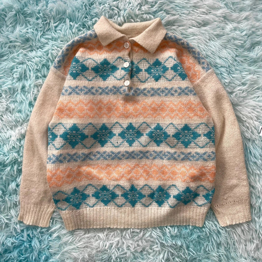Vintage 90s Patterned Collared Grandma Jumper - Size 10