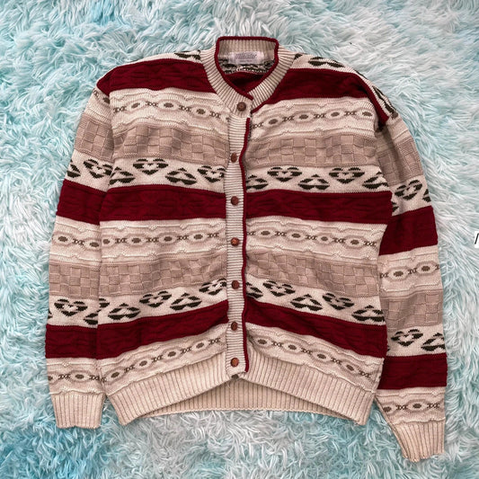 Vintage 90s Cream & Red Knitted Cardigan - Medium