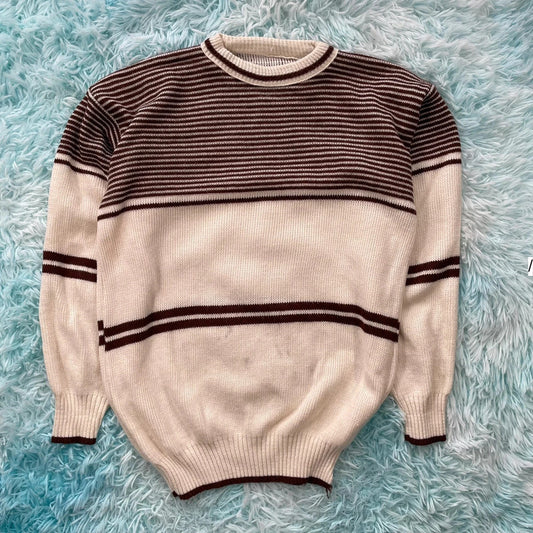 Vintage 90s Cream & Brown Chunky Knitted Jumper - Small