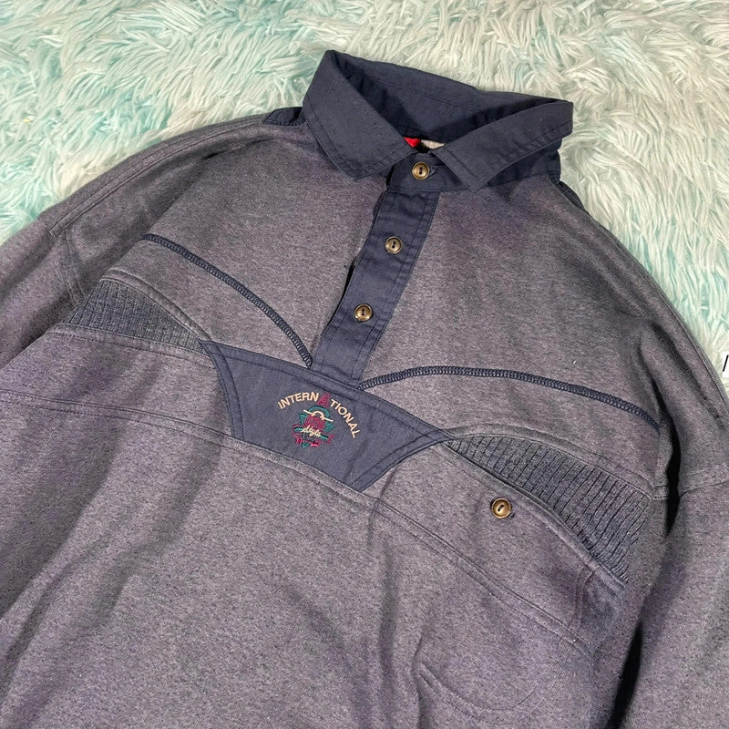 Vintage 90s Navy Collared Sweatshirt - Large