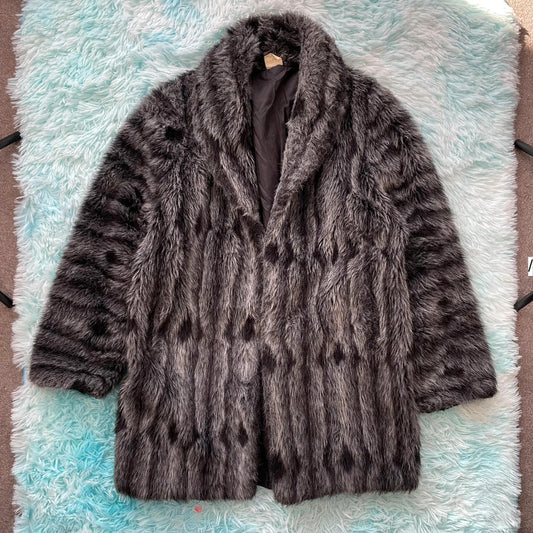 Vintage 90s Grey Faux Fur Jacket - Small