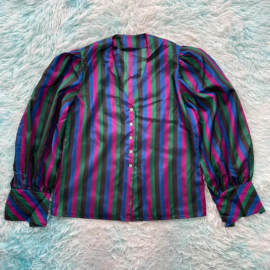 Vintage 80s Purple Striped Blouse Balloon Arms - Size 12