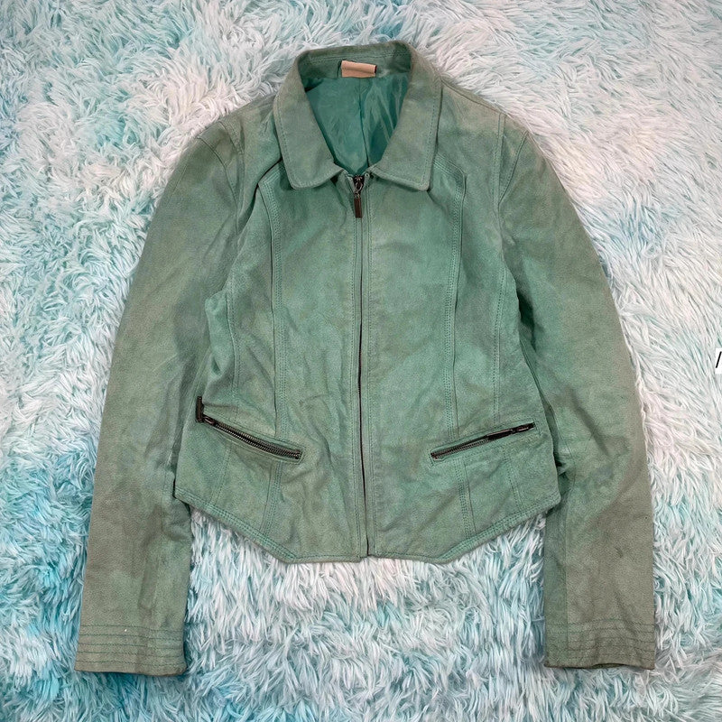 Vintage Y2K Mint Green Suede Leather Jacket - Womens Small