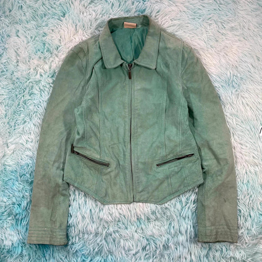 Vintage Y2K Mint Green Suede Leather Jacket - Womens Small
