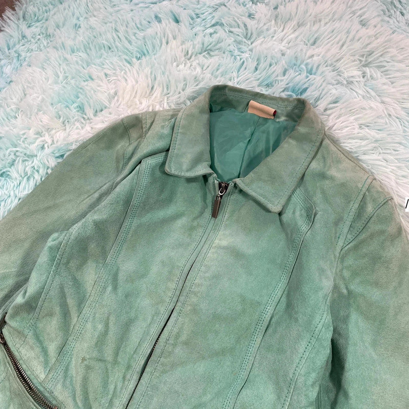 Vintage Y2K Mint Green Suede Leather Jacket - Womens Small