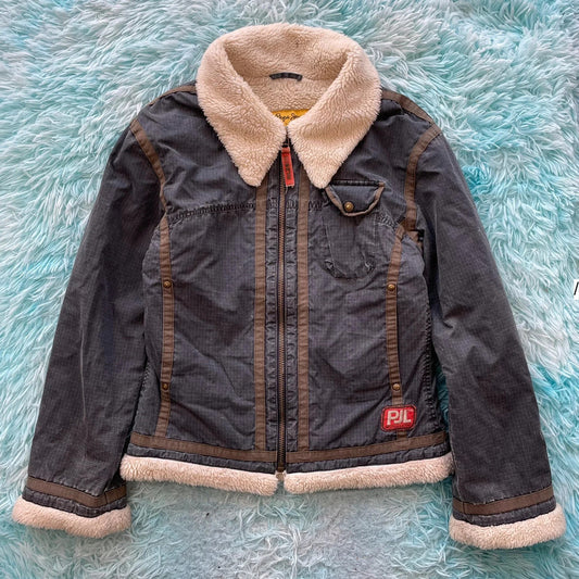 Vintage Y2K Grey Pepe Jeans Sherpa Fleece Jacket - Medium