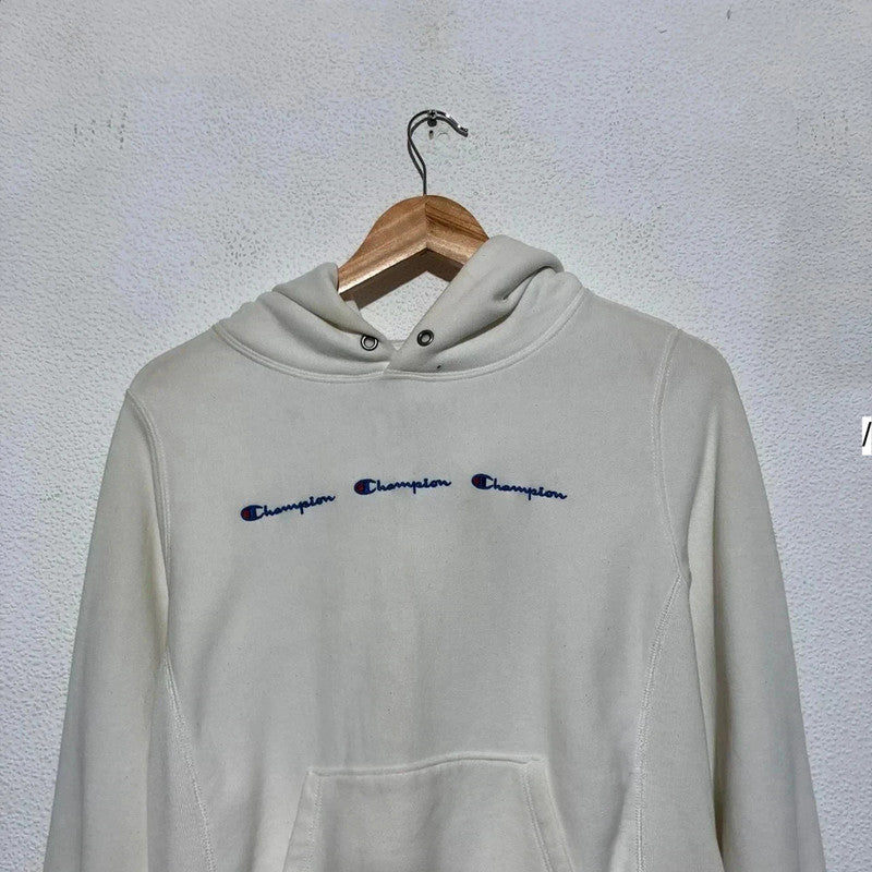 Vintage White Champion Hoodie Triple Spellout Reverse Weave - Small