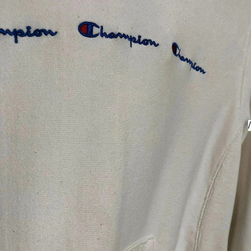 Vintage White Champion Hoodie Triple Spellout Reverse Weave - Small