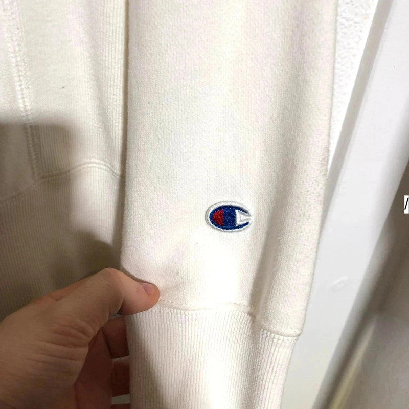 Vintage White Champion Hoodie Triple Spellout Reverse Weave - Small