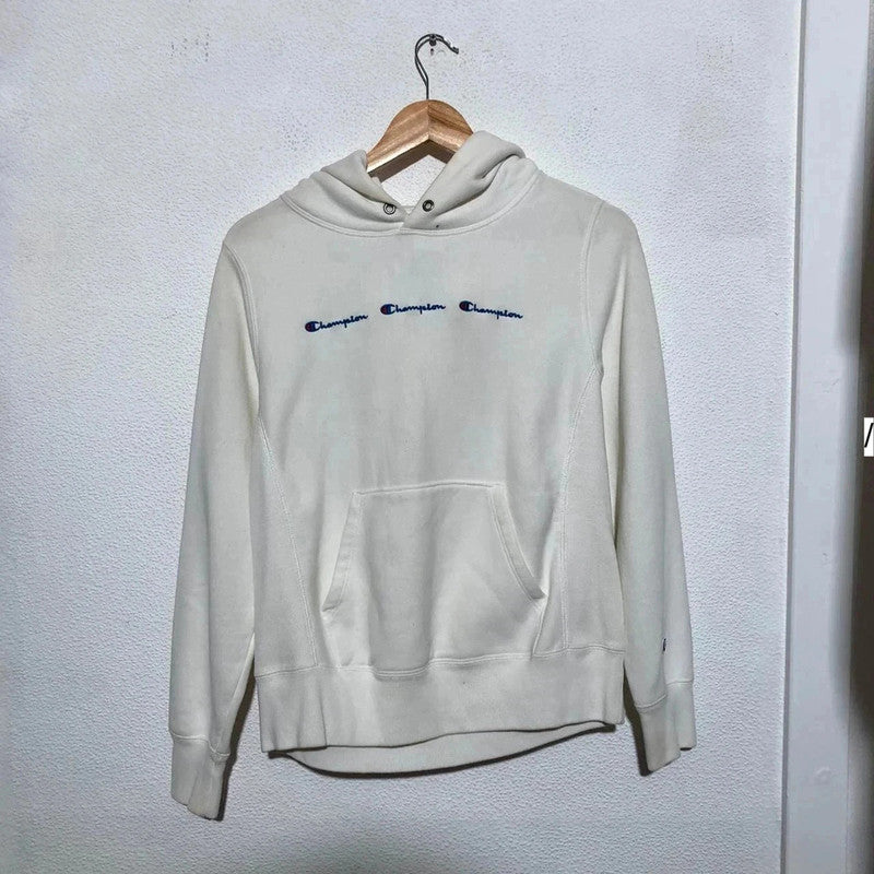 Vintage White Champion Hoodie Triple Spellout Reverse Weave - Small