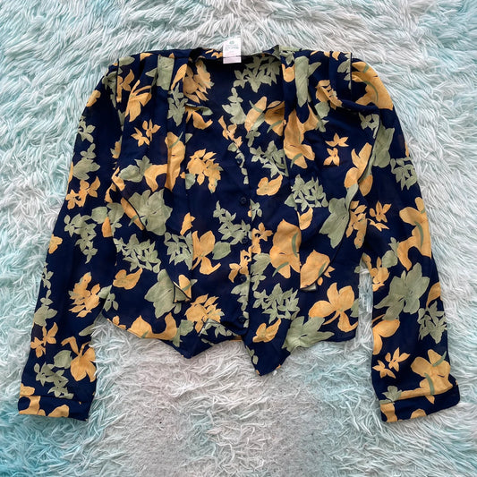 Vintage 80s Navy Floral Blouse Top - Size 14