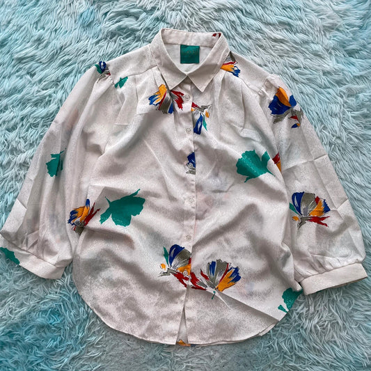 Vintage 80s White fairy Print Silk Shirt Top - Size 14