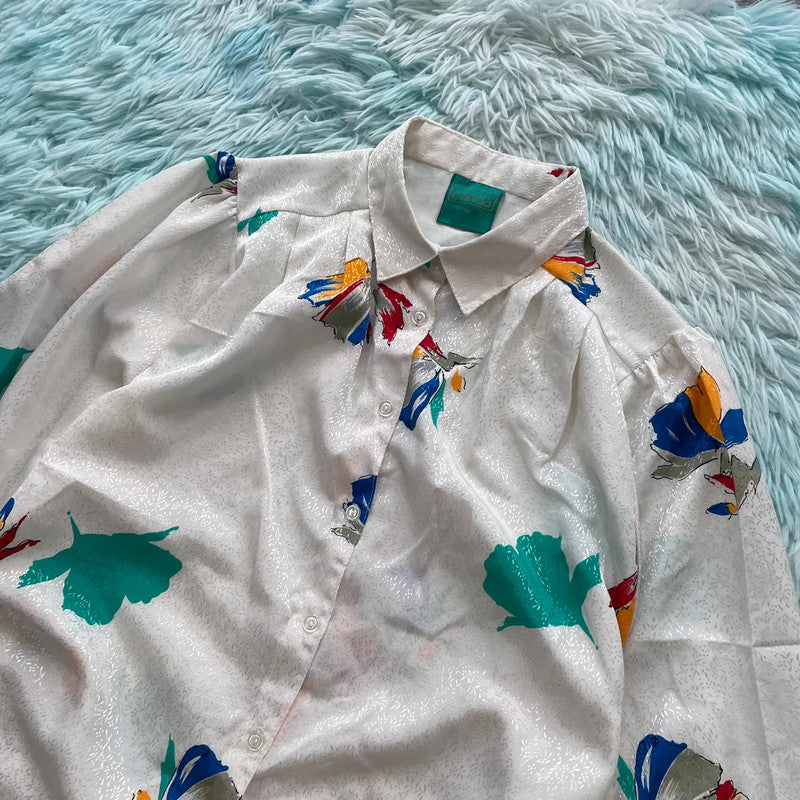Vintage 80s White fairy Print Silk Shirt Top - Size 14