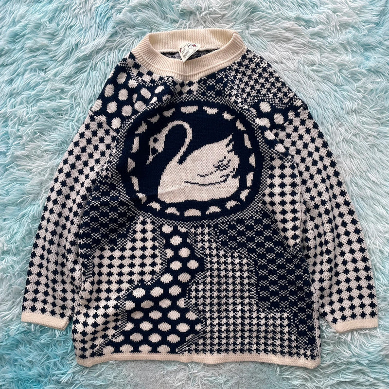 Vintage 80s Navy Swan Print Knitted Jumper - Size 12