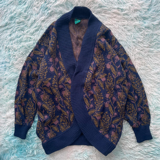 Vintage 80s Navy Paisley Patterned Knitted Cardigan - Size 16