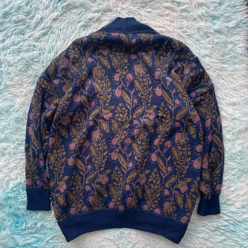 Vintage 80s Navy Paisley Patterned Knitted Cardigan - Size 16