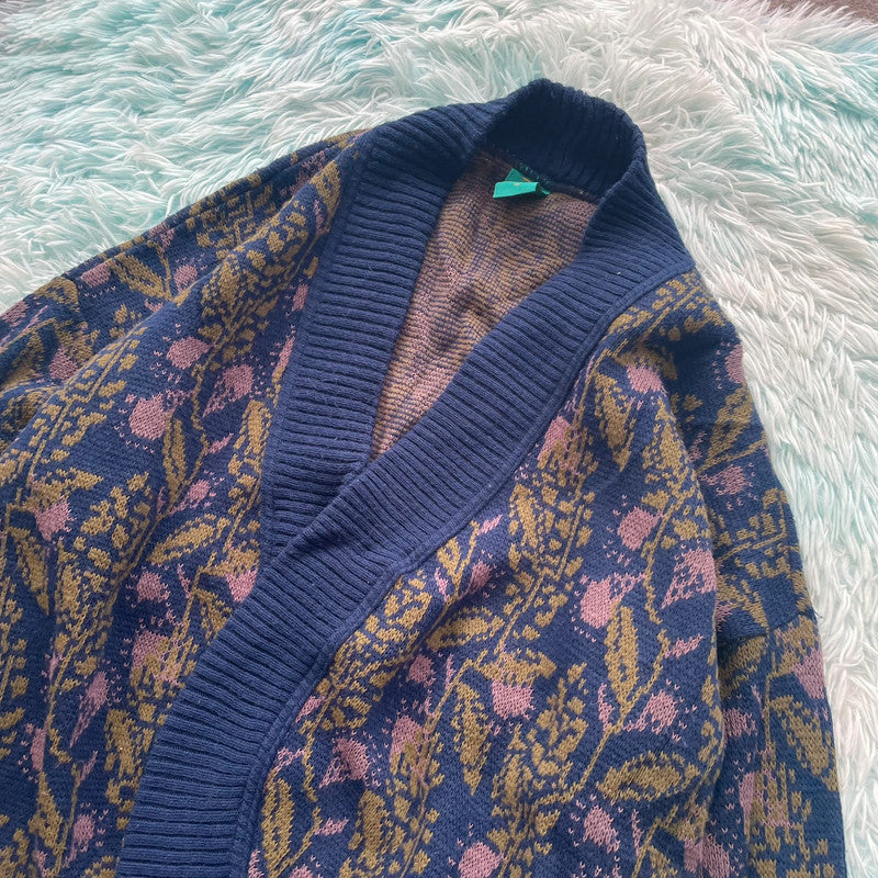 Vintage 80s Navy Paisley Patterned Knitted Cardigan - Size 16