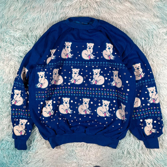 Vintage 80s Blue Polar Bear Print Sweatshirt - Medium