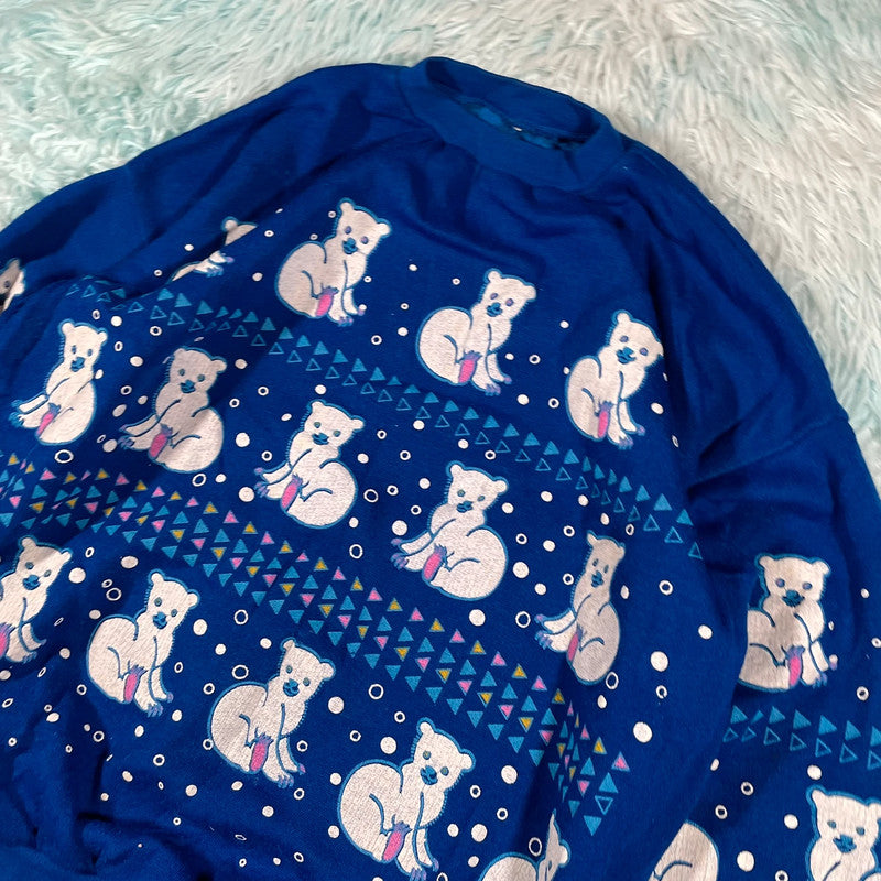 Vintage 80s Blue Polar Bear Print Sweatshirt - Medium
