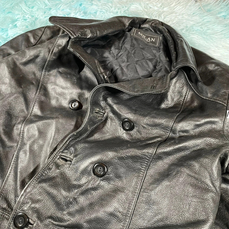 Vintage Black Milan Leather Jacket Button Up - Large