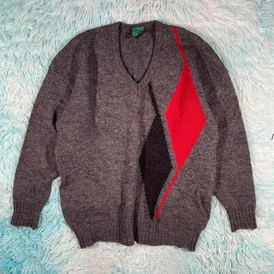 Vintage 90s Grey V Neck Wool Knitted Jumper - Medium